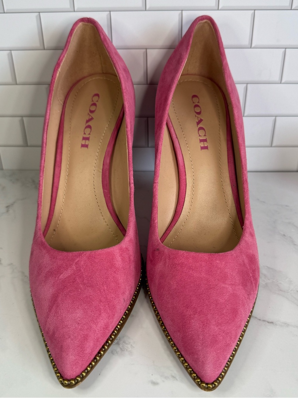 COACH Pink Suede Pointed Toe Pumps with Brass Studded Trim. - Picture 1 of 12